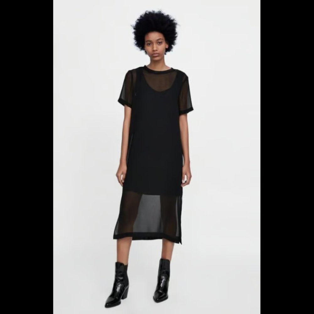 BNWOT: Zara Chiffon Midi-length Sheer Dress with Slip